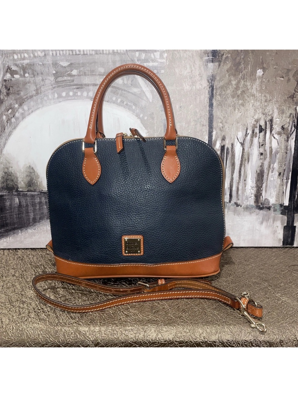 Dooney & Bourke Navy and Tan Pebbled Leather Dome Satchel